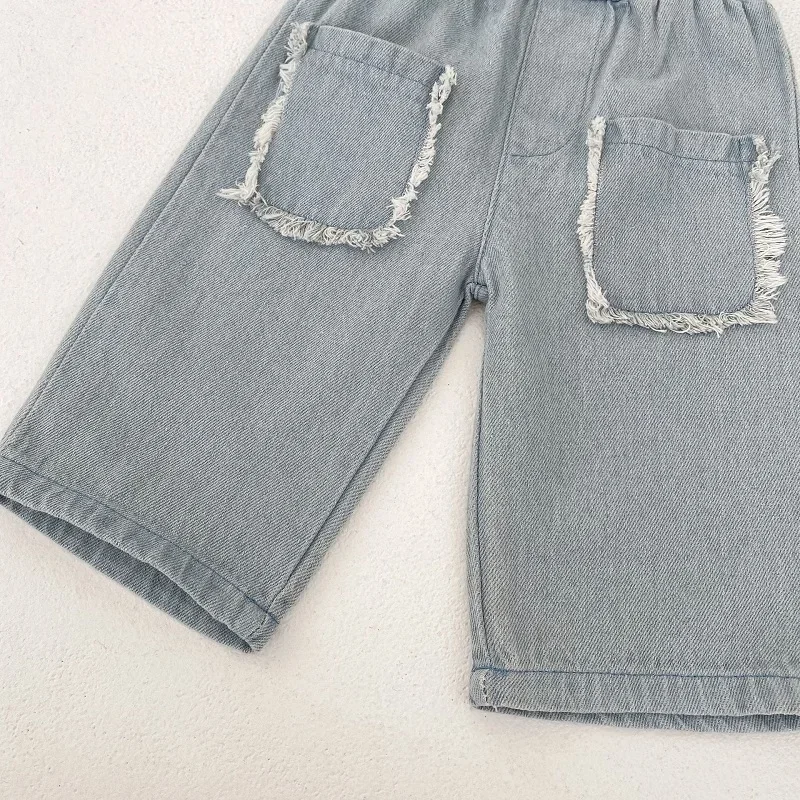 INS Baby Denim Pant 0-3Years Newborn Boy Girl Solid Color Elastic Waist Pocket Soft Jeans Cropped Trouser Bottom Spring Clothes