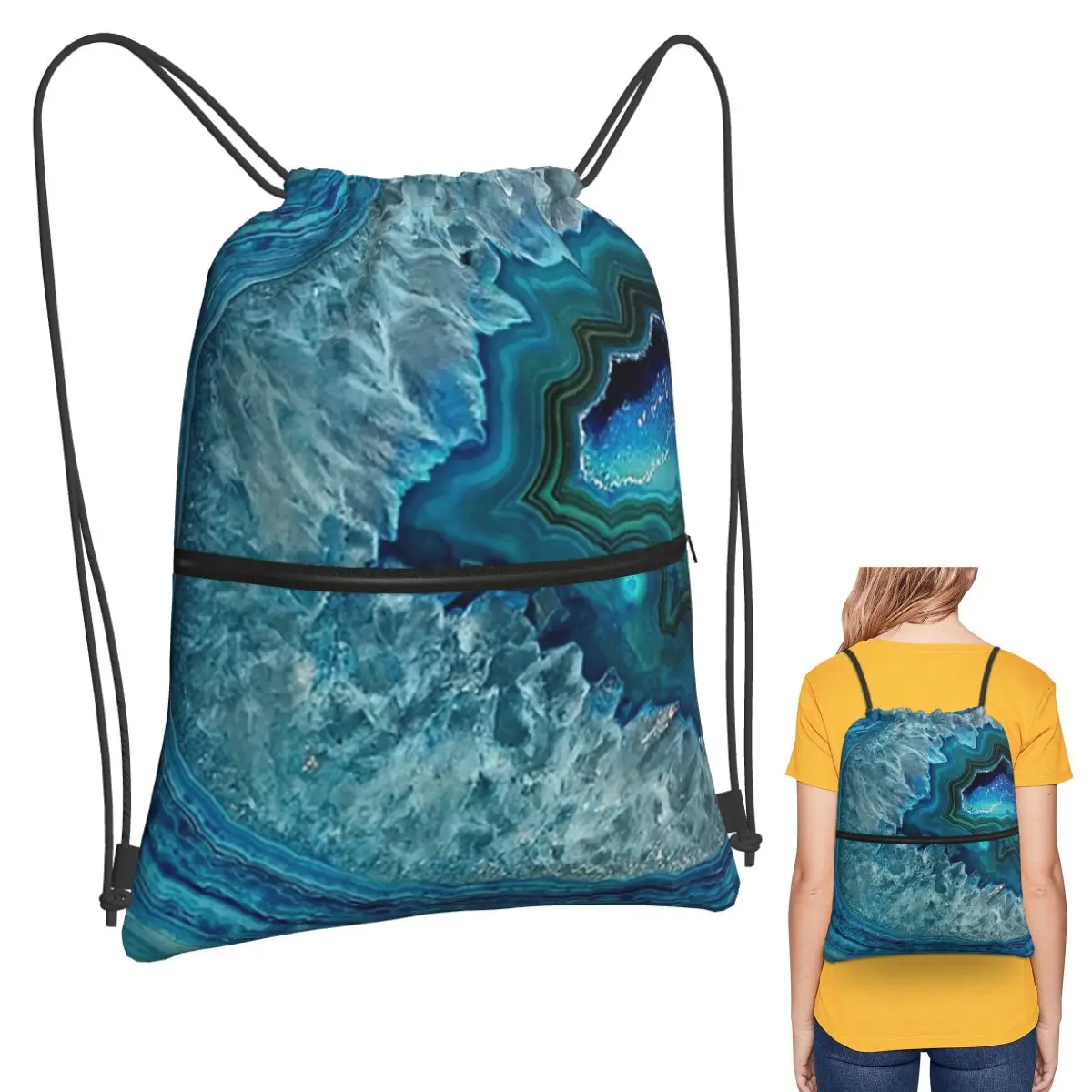 Teal Aqua Turquoise Blue Rock Agate Mineral Crystals Pattern Backpacks Casual Drawstring Bundle Pocket Sports Bag Book Bags