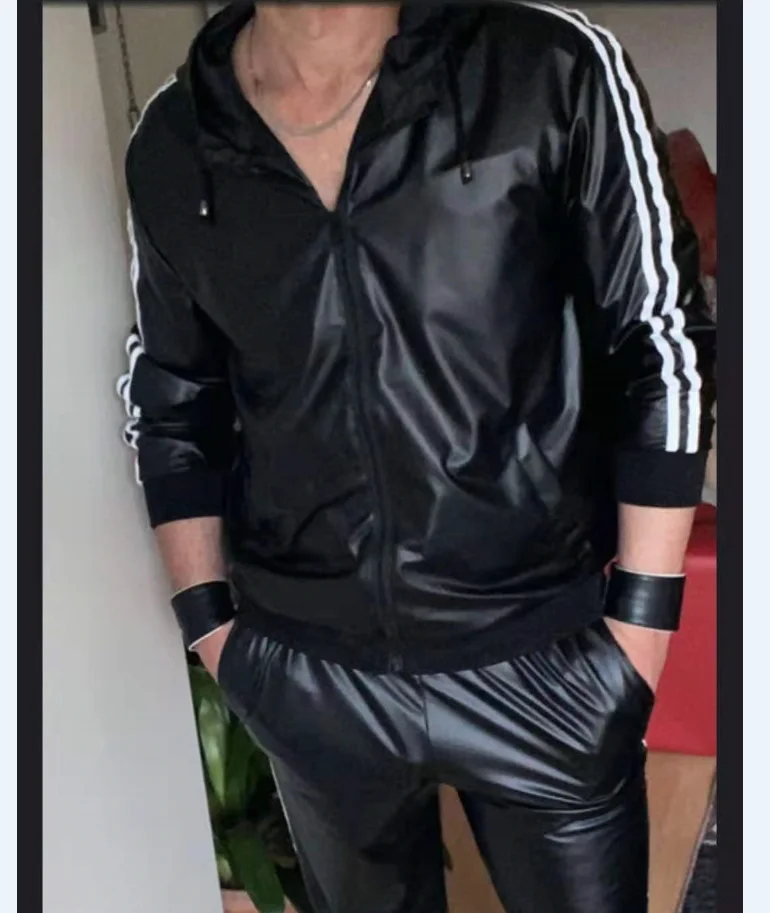 Men\'s PU Leather Hoodie Suit Casual Sportswear Hooded Jogging Suit Sportswear Men Outfit Set Juicy Tracksuit