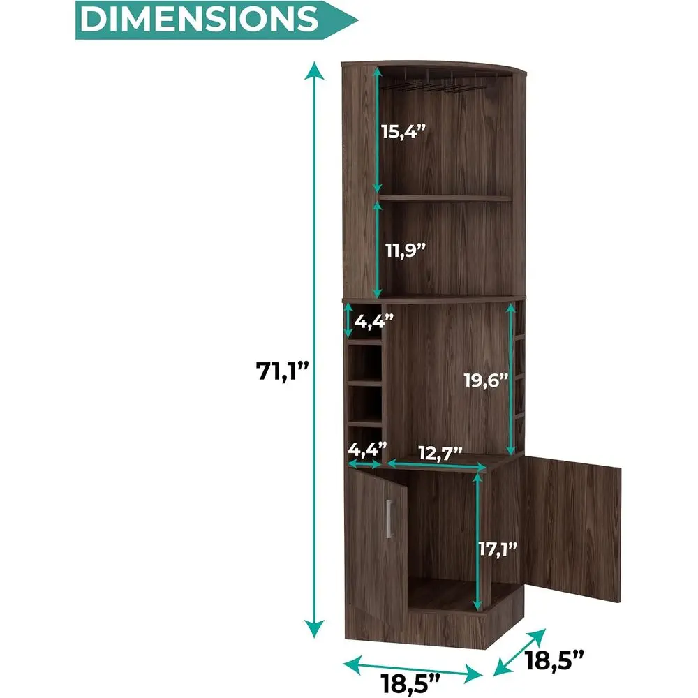 Syrah Bar Cabinet, Tall 71.1" Liquor Cabinet with Stemware Rack, 8 Bottle Cubbies, 2 Do& Open Shelves, Triangular Wine Bar Cabin view 3