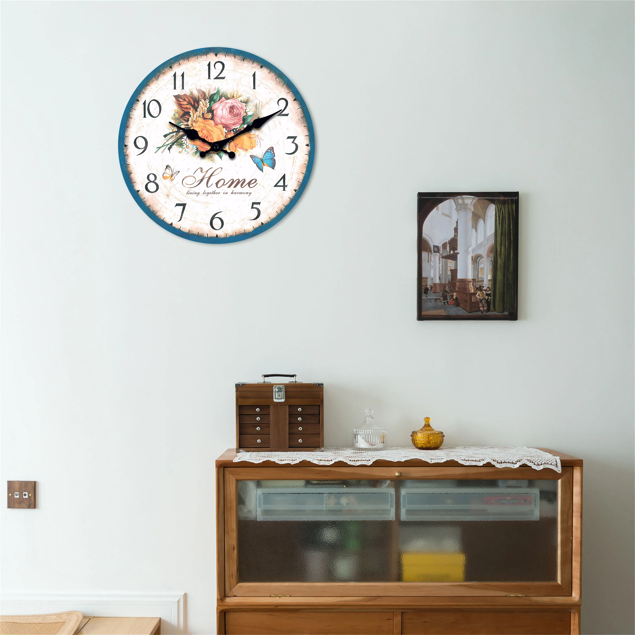Casual European Style Blue Frame Flower Pattern Wooden Wall Clock Living Room Bedroom Kitchen Home Decoration Wall Clock Silent Quartz Clock Holiday Gift 10 Inches 12 Inches 14 Inches 16inch (Without Batteries)