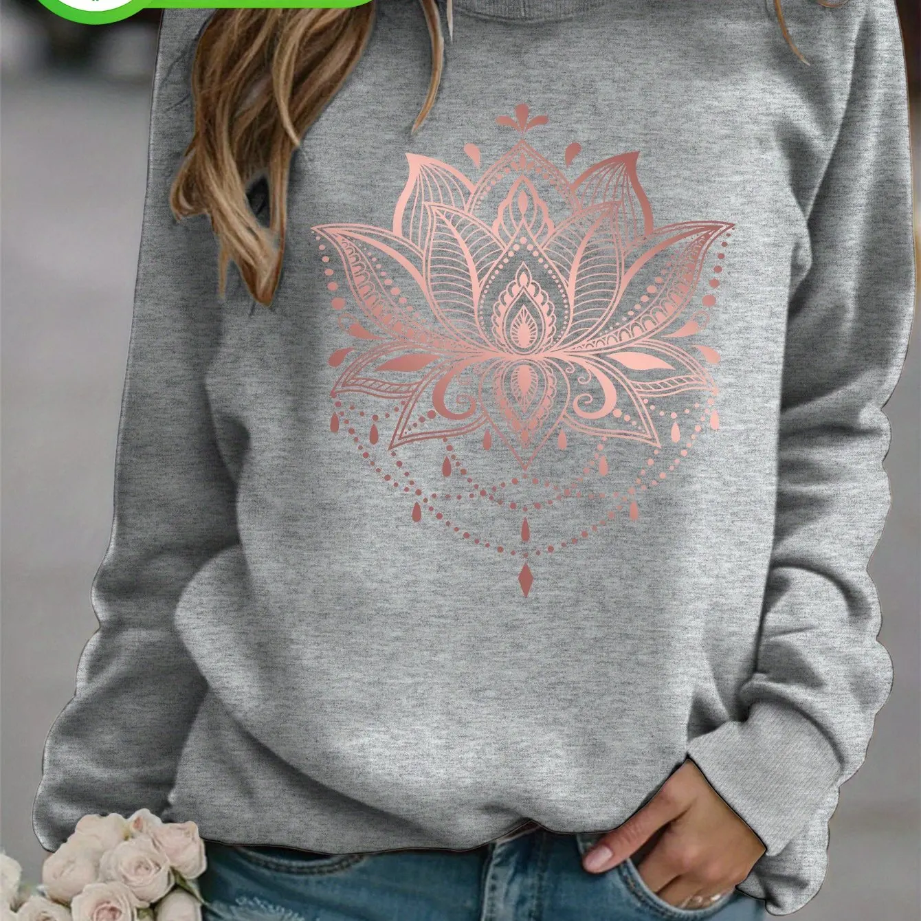 سويت شيرت نسائي برقبة دائرية عتيق باللون الذهبي الوردي لطباعة اللوتس والأزهار بطبقات غير رسمية سترة ناعمة تشبه الملمس