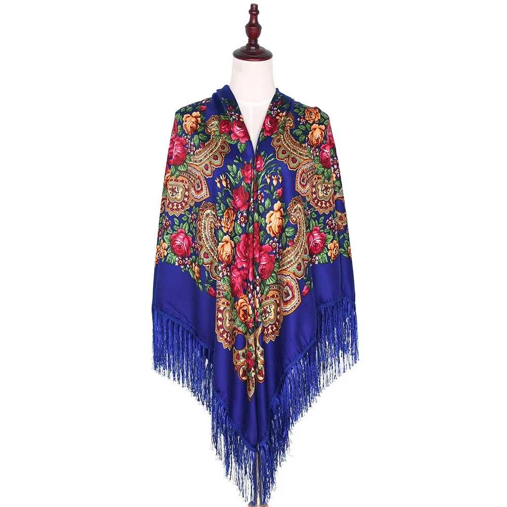 160*160cm Russian Women Square Scarf Luxury Floral Print Bandana Ukrainian Fringed Shawls Babushka Handkerchief Blanket Shawl