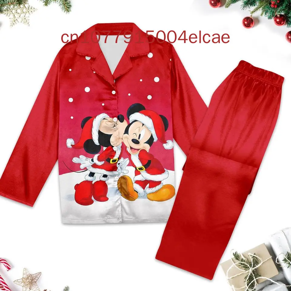 Spring and Summer New Mickey And Minnie Christmas Pajamas Set Disney Casual Men's and Women's Long Sleeve Shirt Pajama Set