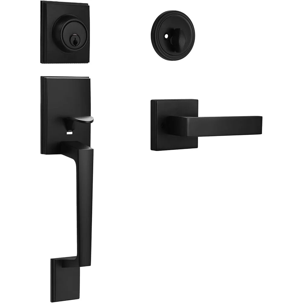 Matte Black Front Door Handle Set Heavy Duty Single Cylinder Deadbolt Lock Modern Entry Lever Reversible Design Adjustable Latch