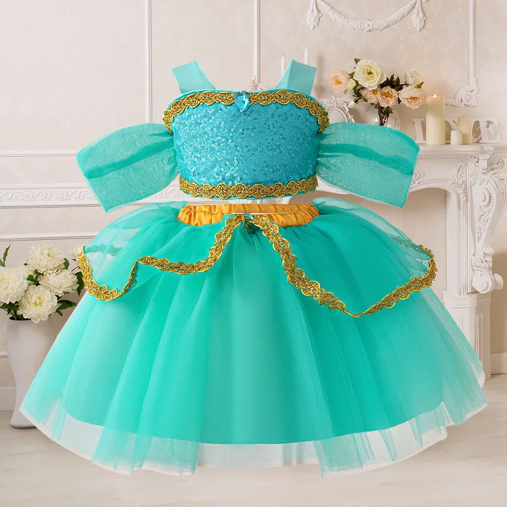 Girls Jasmine Costume for Aladdin Princess Magic Lamp Dress Sets Carnival Clothing Vestidos Kids Halloween Party Cosplay Costume