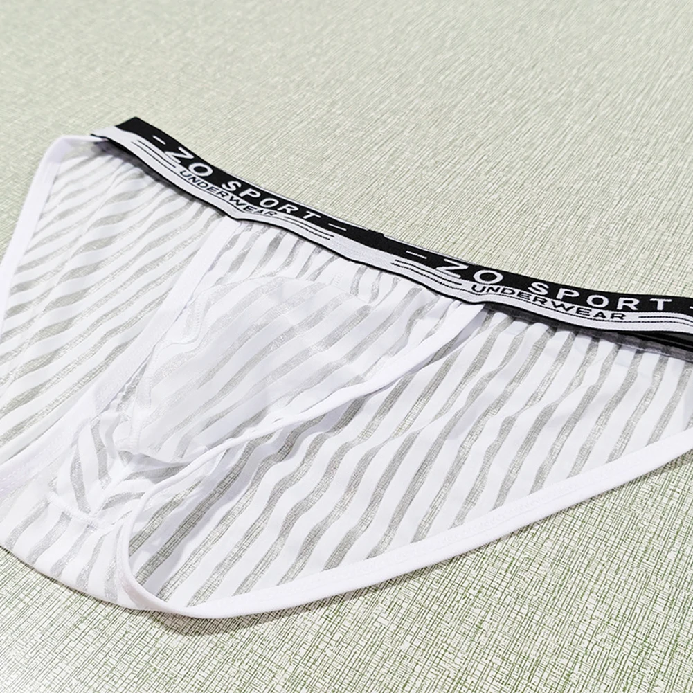 Men Mesh Stripe High Fork Brief Sissy Underwear See Through Lingerie Ice Silk Panties Comfortable Slight Strech Underpants Men