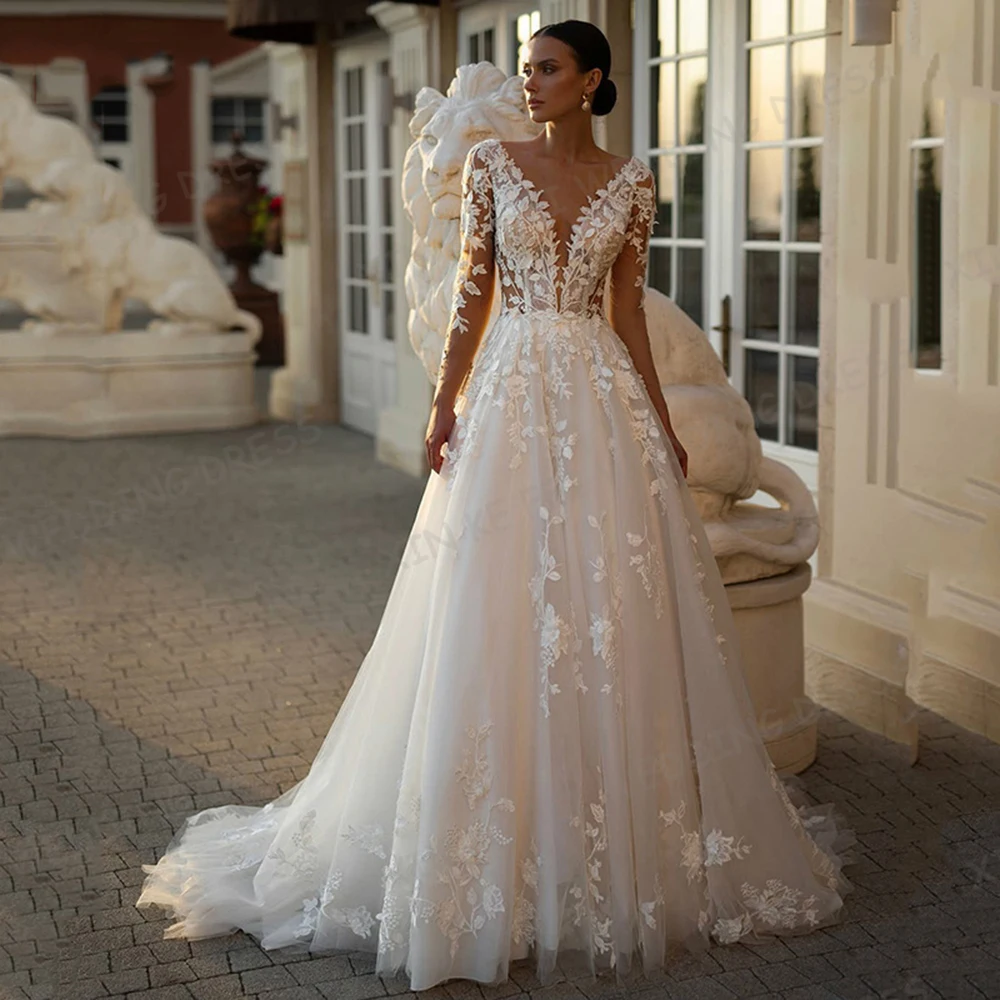 Robes De mariée classiques pour femmes, ligne a, col en V, dentelle appliquée, col en V, manches longues, robes De mariée élégantes personnalisées