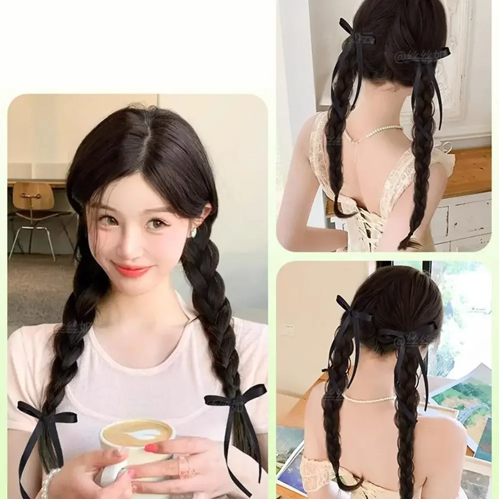 Synthetic 2PC children Simulation boxing braid double ponytail wig Girls ribbon bowknot Twist Braids Wigs Extension 50cm