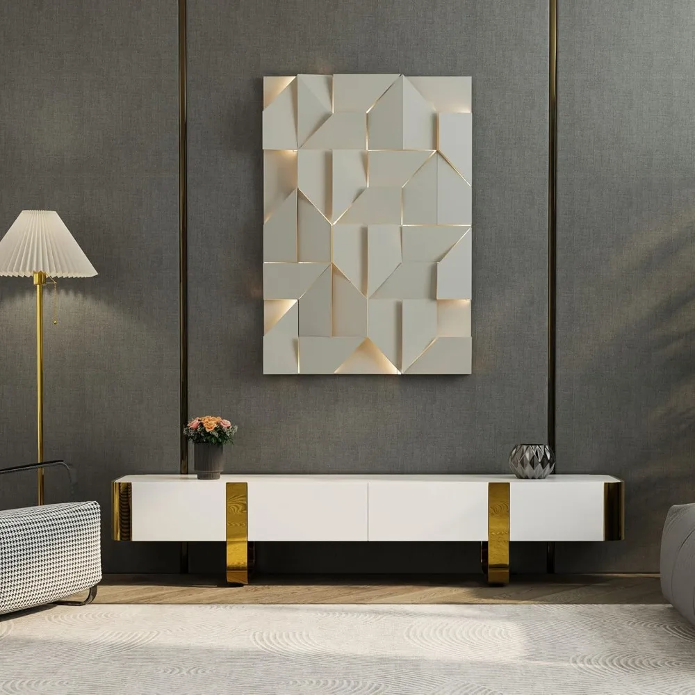 

TV Stand, 79 inch Fully Assembly Entertainment Center with 2 Storage Cabinets and 2 Drawers, White and Gold Glossy Stainless