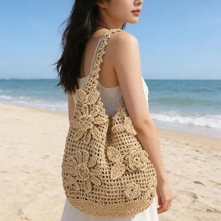 

Three-dimensional flower shoulder bag weaving large capacity straw bag summer bali vacation beach bag woven hollow handbags sac
