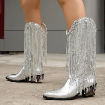 Glittering Silver Cowboy Boots with Long Tassels, Pointed Toe Western Boots, Chunky Low…