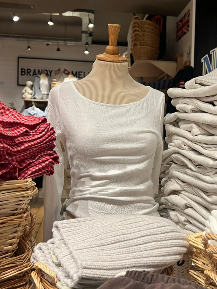 

Chic Texture White Slim T-shirt Woman New Scoop Neck Long Sleeve Tee Shirts female Autumn Solid Simple All-match Crop Tops Y2k