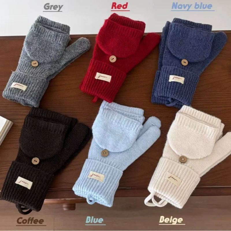 Korean Women Winter Flip Top Knitted Mittens Warm Fingerless Gloves Touch Screen Half Finger Hand Warmer with Button Cover Gift