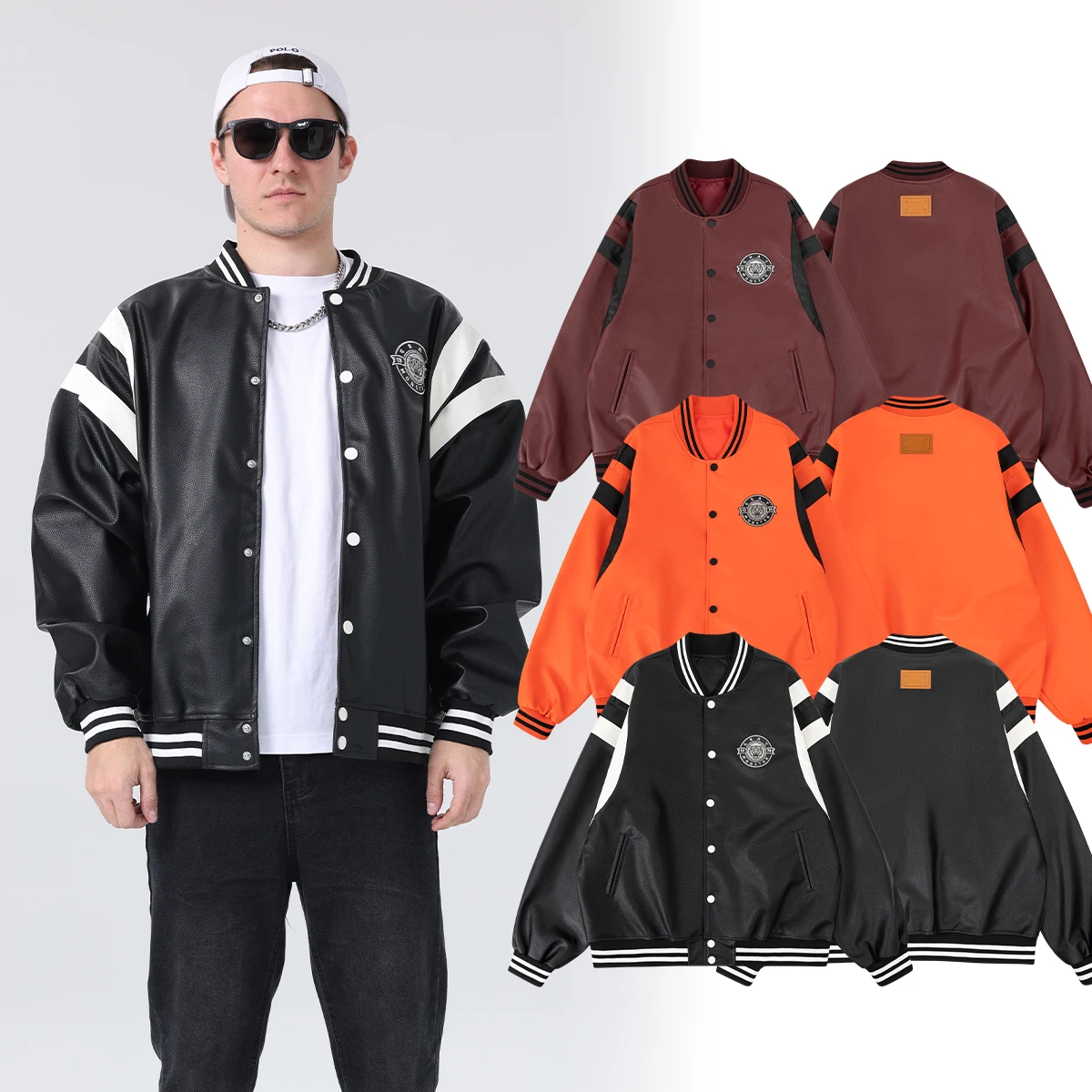 

Men's PU Faux Leather Jacket Tiger Pattern Button Up Biker Outerwear 24H shipped Spring&Autumn Varsity Loose Baseball Coats