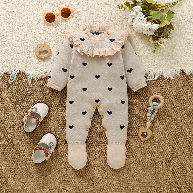 

Комбинезоны для маленьких девочек от 0 до 9 месяцев, вязаные комбинезоны с черными точками для новорожденных, комбинезоны с длинными рукавами, цельные комбинезоны для малышей, детская одежда