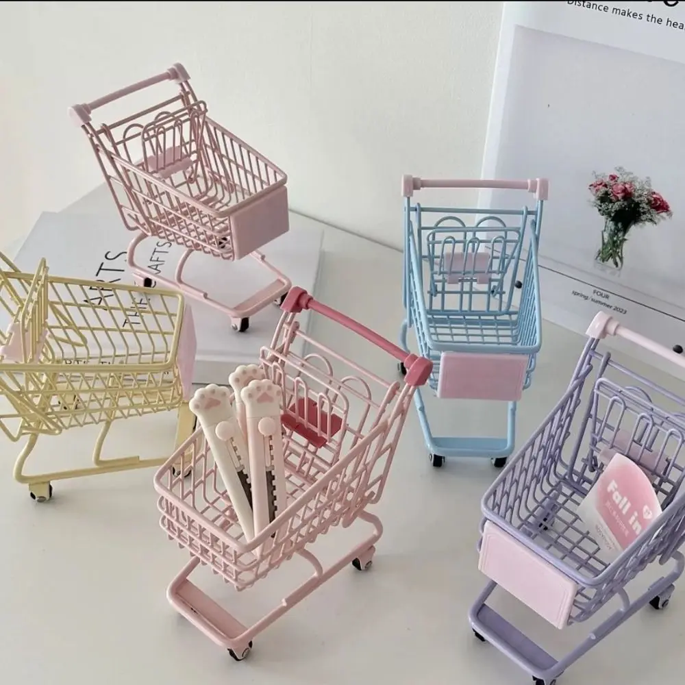 Leuke Metalen Mini Opbergmand Model Holle Speelgoed Trolley Container Ornamenten Kruidenier Winkelwagen Desktop Briefpapier Houder Meisjes