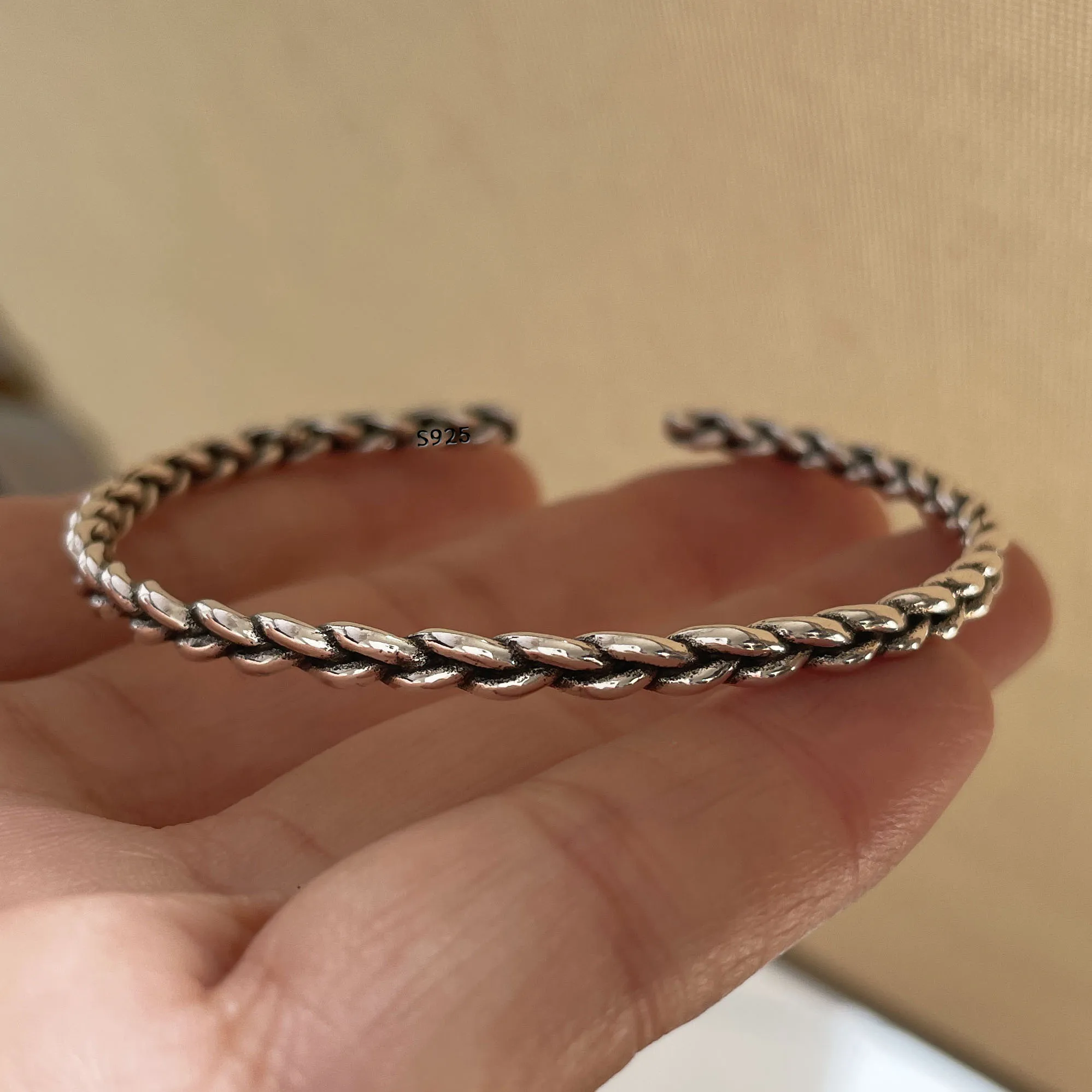 100% Solid 925 Sterling Silver Metal Bracelet for Women Vintage Handmade Simple Retro Black Stone Bracelet Birthday Gift Party image 3