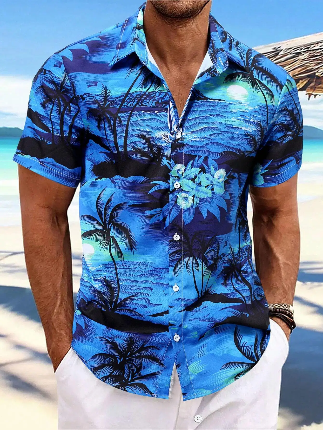 

Men's Blue Tropical Palm Tree Print Button-Down Short Sleeve Shirt
