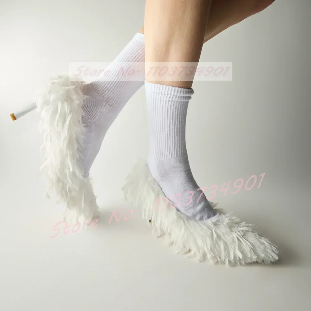 Fuzzy Feather Pumps Women Wedding Feminine Fur Pointy Toe Slip-On High Heels Shoes Ladies Fashion Elegant Party Evening Pumps