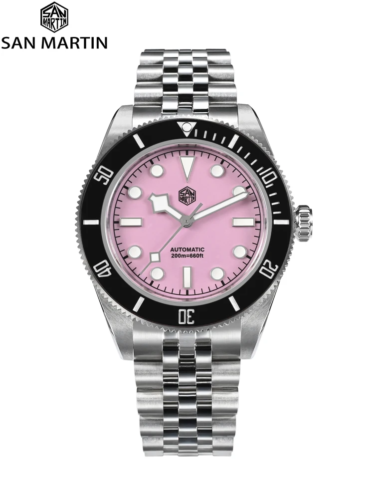 

San Martin 40mm Diver Watch Pink Dial Stainless Steel NH35 Automatic Mechanical Watches for Men Sapphire Waterproof 200m SN0128