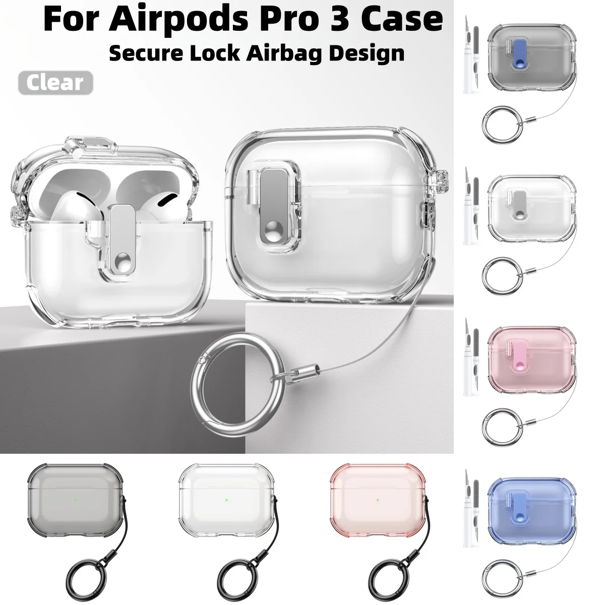 حافظة لهاتف AirPods Pro 3 حافظة شفافة بقفل آمن لأجهزة AirPods Pro الجيل الثالث حافظة من البولي يوريثان الناعم مع مجموعة تنظيف لأجهزة AirPods Pro 3