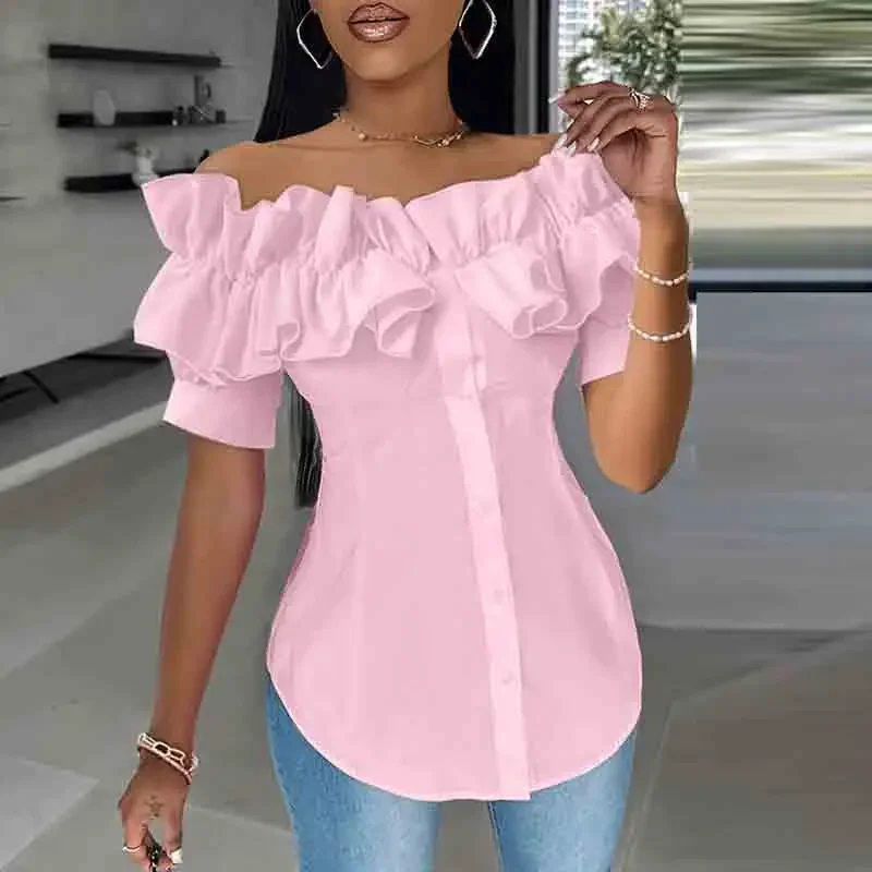 Summer Women Blouse Fashion One Shoulder White Shirt Women Vintage Tops White Solid Elegant Button Blouses For Women