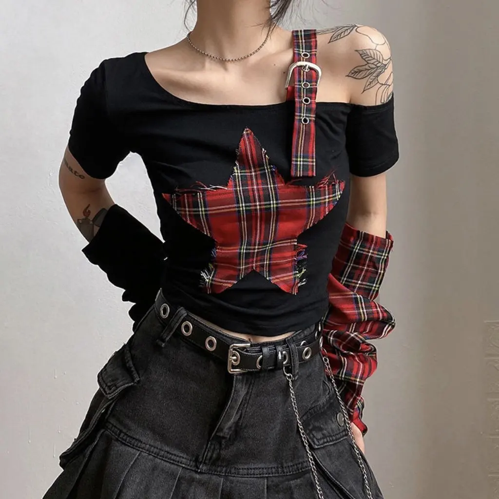 

Sweet Spice Girl Women's Retro Style T-shirt Off-shoulder Plaid Stitching Five-pointed Star Chic Short Top with Sleeve