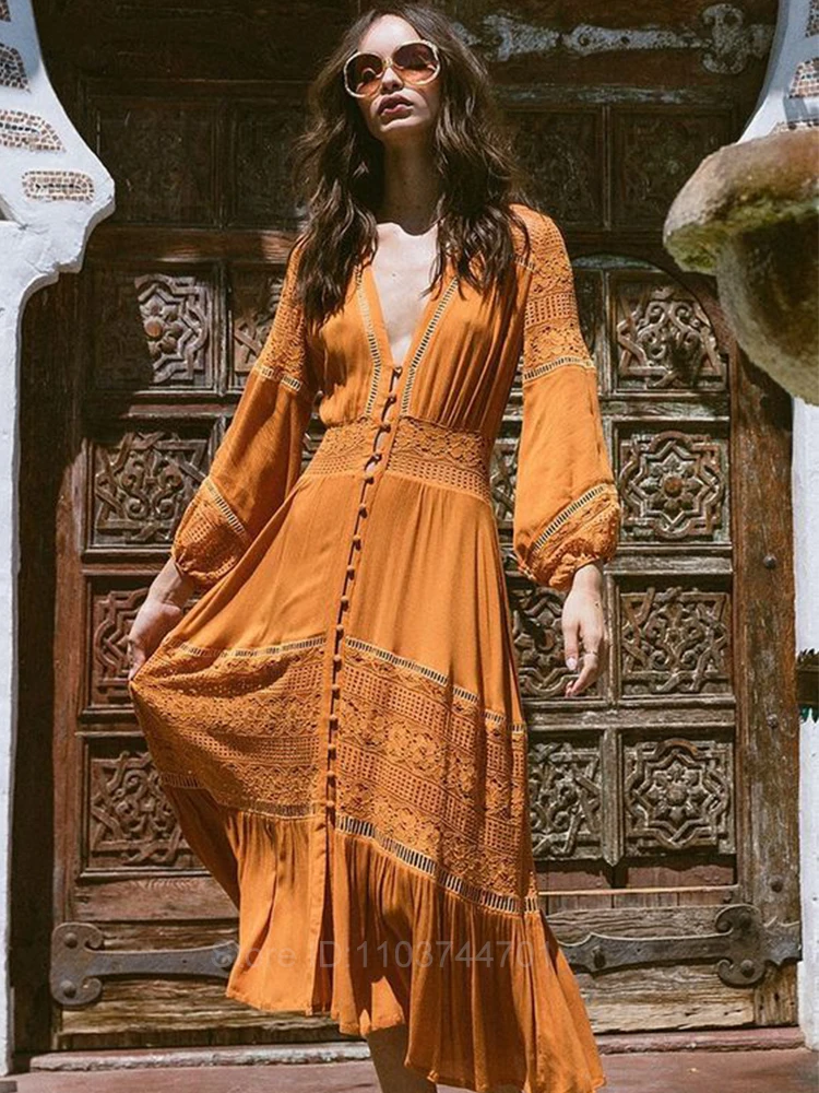 Vintage Boho Women Maxi Dress Summer Holiday Red Sexy Orange Lace Cotton Tunic Long Beach Tiered Ladies Dress Vestidos