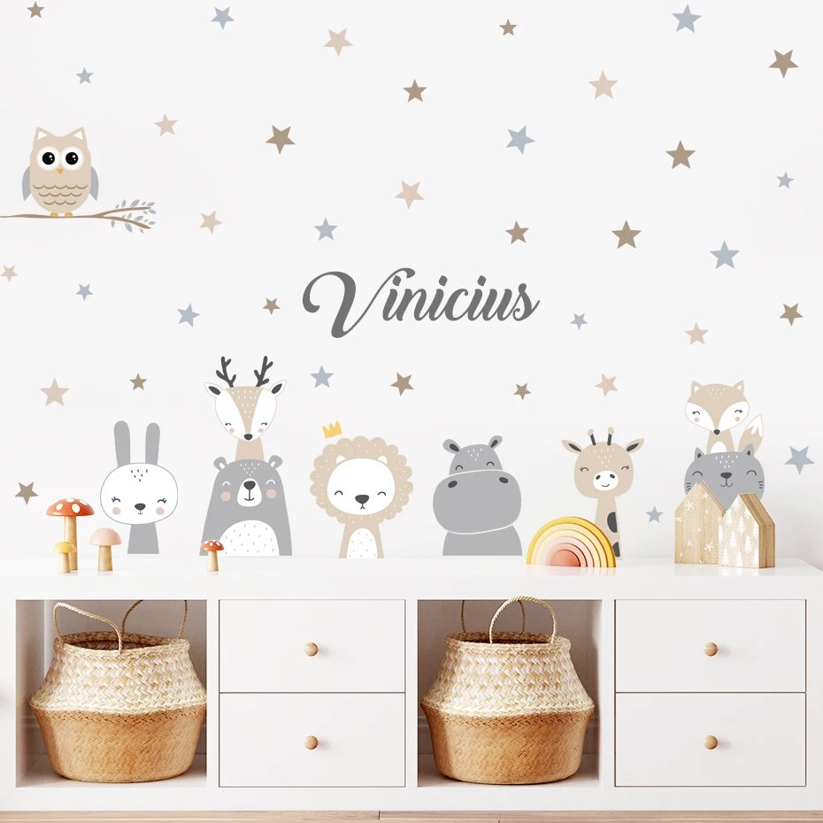 

Cartoon Lion Bunny Wall Stickers Animals Custom Baby Name Stars Wallpaper Kawaii Decals for Kids Room Baby Nursery Home Decor