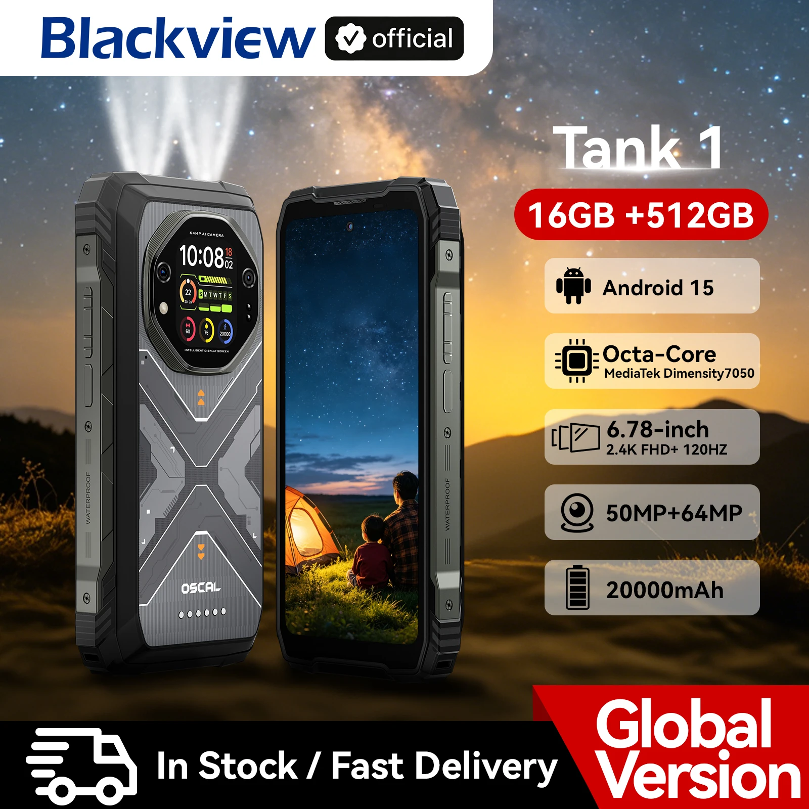 Blackview OSCAL TANK 1 5G Rugged Smartphone,20000mAh/55W, 6,78'' FHD+ 120Hz Display, MTK7050,Android Camera,IP68/IP69K/GPS/NFC