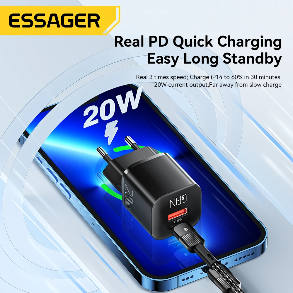 Essager 20W GaN PD USB C Charger for iPhone 14 13 12 11 Pro Max mini SE Phone QC3.0 PD 3.0 USB Type C Fast Charging for iPad Air