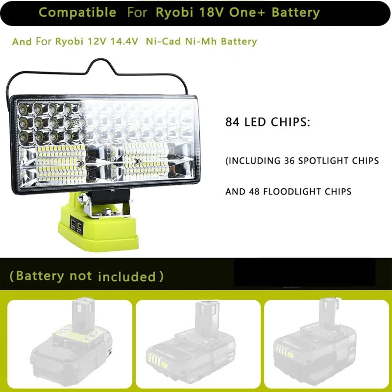 4/7/8 inch LED work lights compatible for Ryobi 18VP102 P103P104lithium batteries with a USB Type-C port adjustable illumination