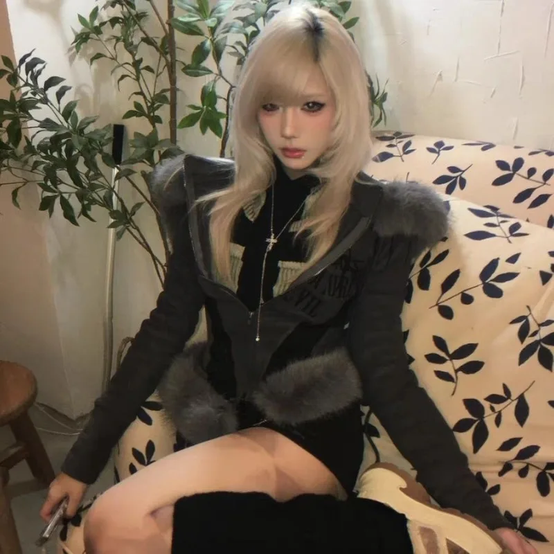 Y2K Rock Punk Motorcycle Fleece Long-Sleeve Hooded Sweatshirt Jacket Grunge Fur Collar Subculture Slim Top Harajuku Short Top