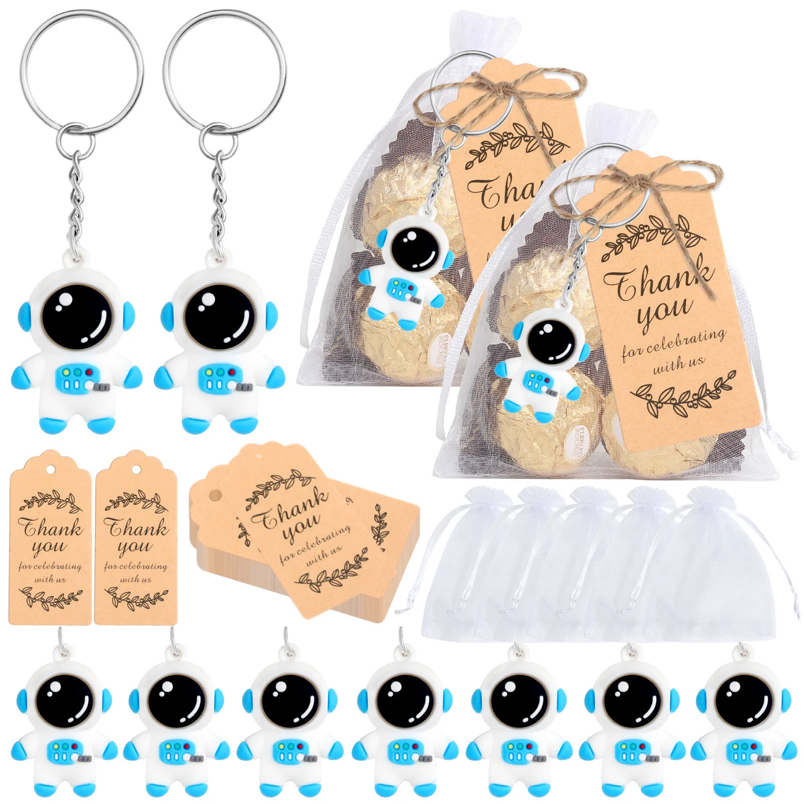 

18 Sets Astronaut Keychains with Thank You Labels and Yarn Bags Party Favors For Guest Gifts Birthday Children's Day Decorations