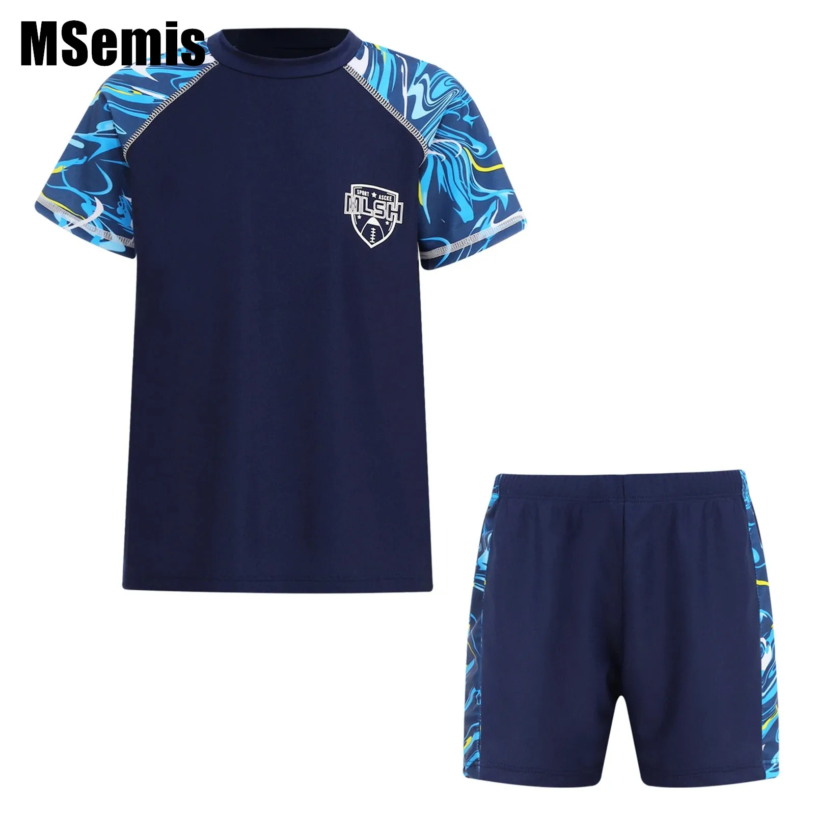 Print Two Piece Swimsuit for Kids Boys Swim Set Short Sleeve Swim Top And Shorts Camouflage Pool Beach Water Sport Bathing Suits