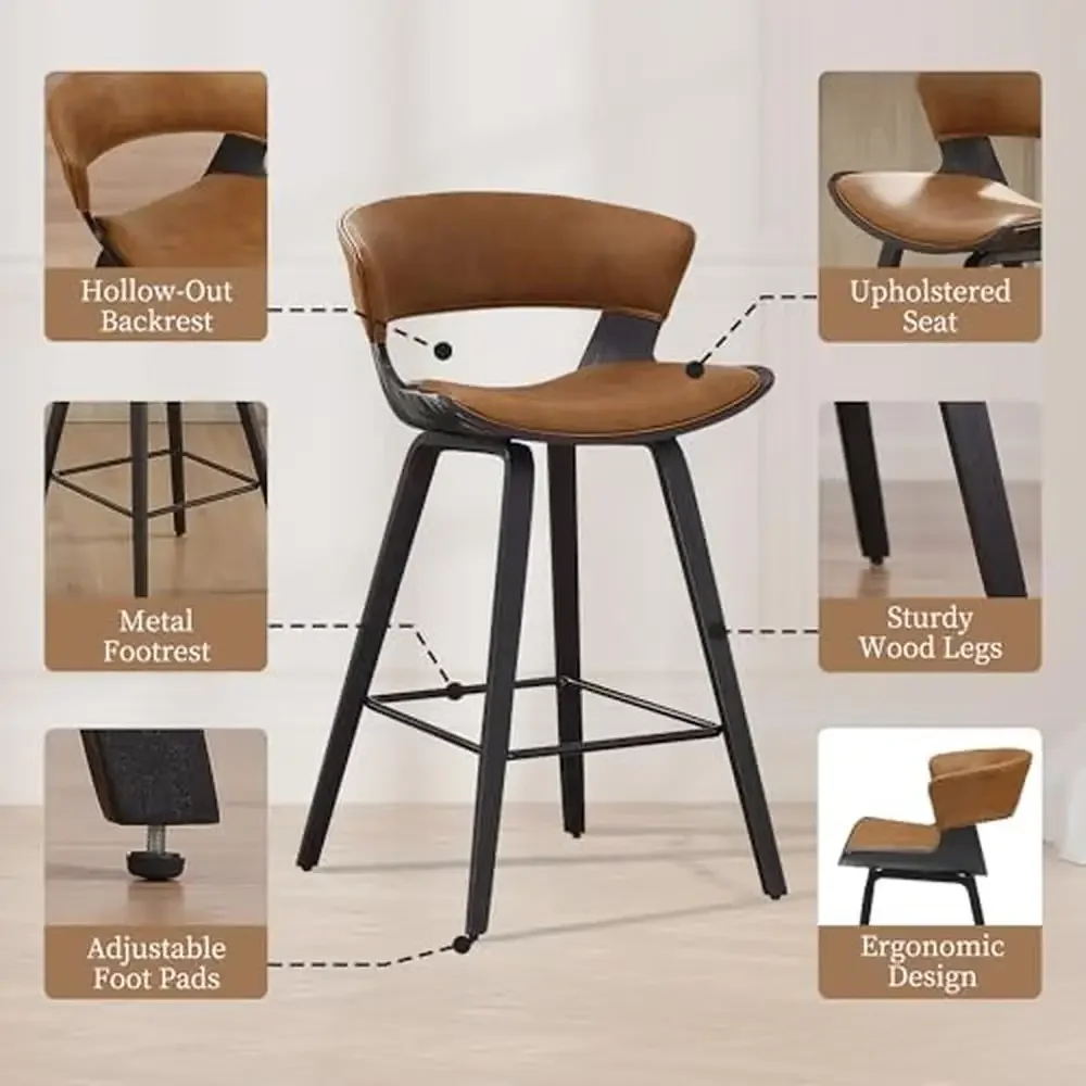 Modern Leather Bar Stools Set of 4 High Back Counter Height Chair Dining Home Island Kitchen Wood Frame Ergonomic Design Gentle