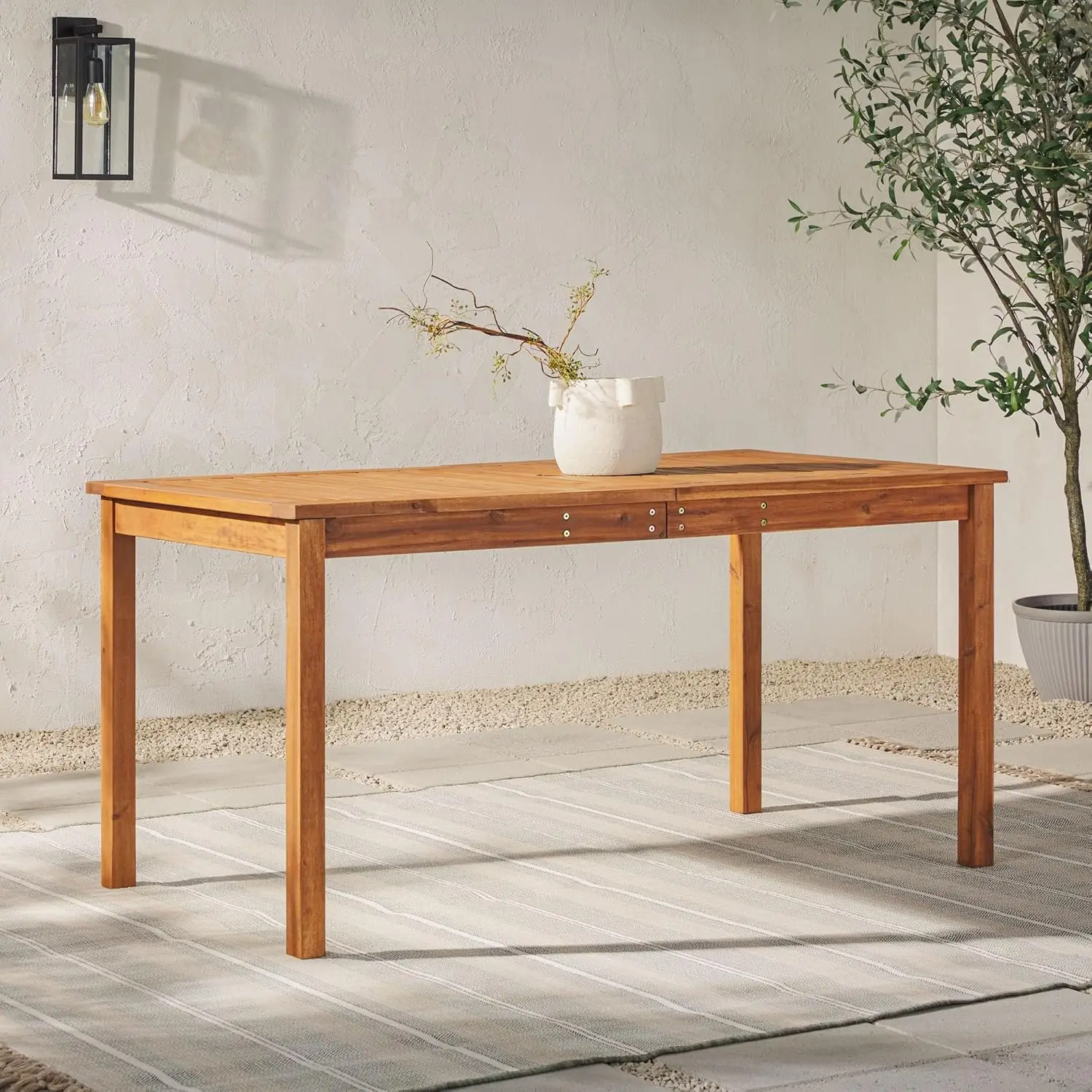 Dominica Contemporary Slatted Outdoor Dining Table, 34 Inch, Brown