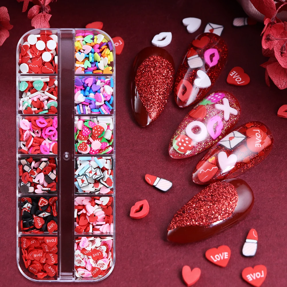 Valentines Day Nails Art Decoration Red Lips Love Hearts XOXO Soft Clay Slices LOVE Letter Hearts Manicure Accessories DIY Gifts