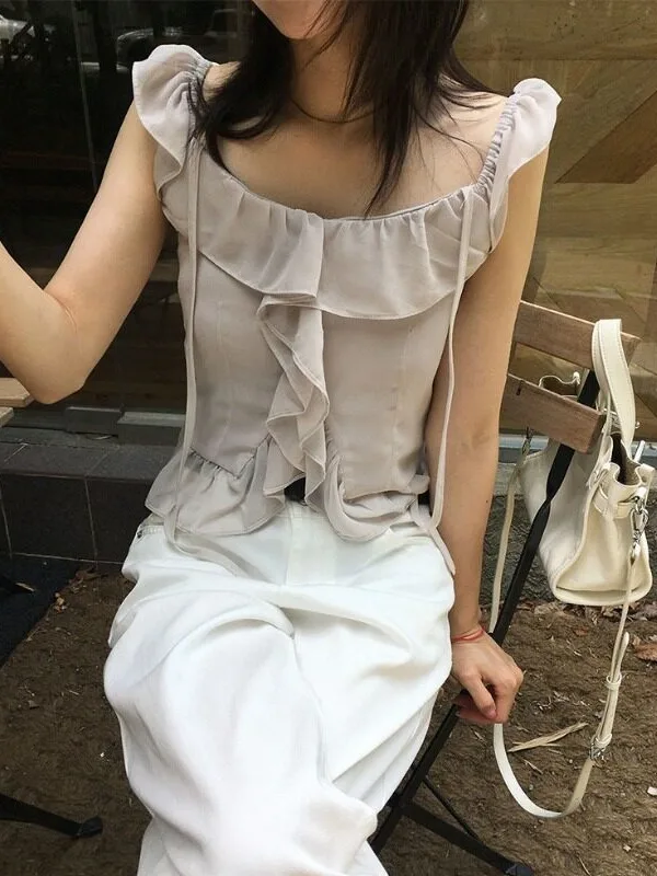 Korean Style Chic Pleated Short Sleeveless Vest with Sash And Bell Sleeves Waist Inward Fashion Top for Women Spring Autumn