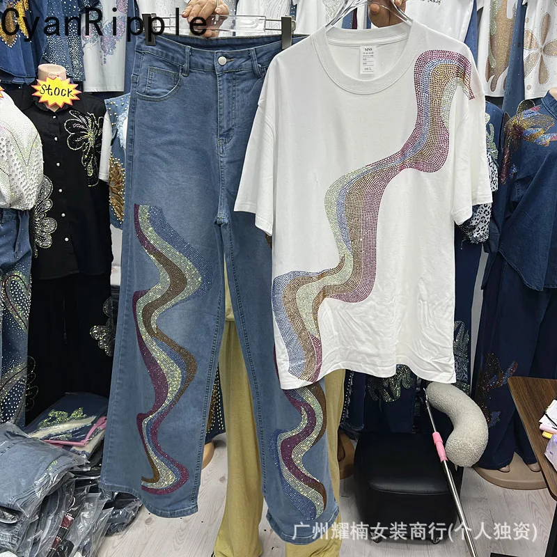 Fashionable Women Two-piece Set Spring Summer Hot Diamonds Loose Short Sleeve T-shirt Top + High Waist Casual Wide Leg Pants