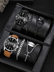 Vintage men's quartz watch set, alloy jewelry combination, ideal choice for men's birthday gifts