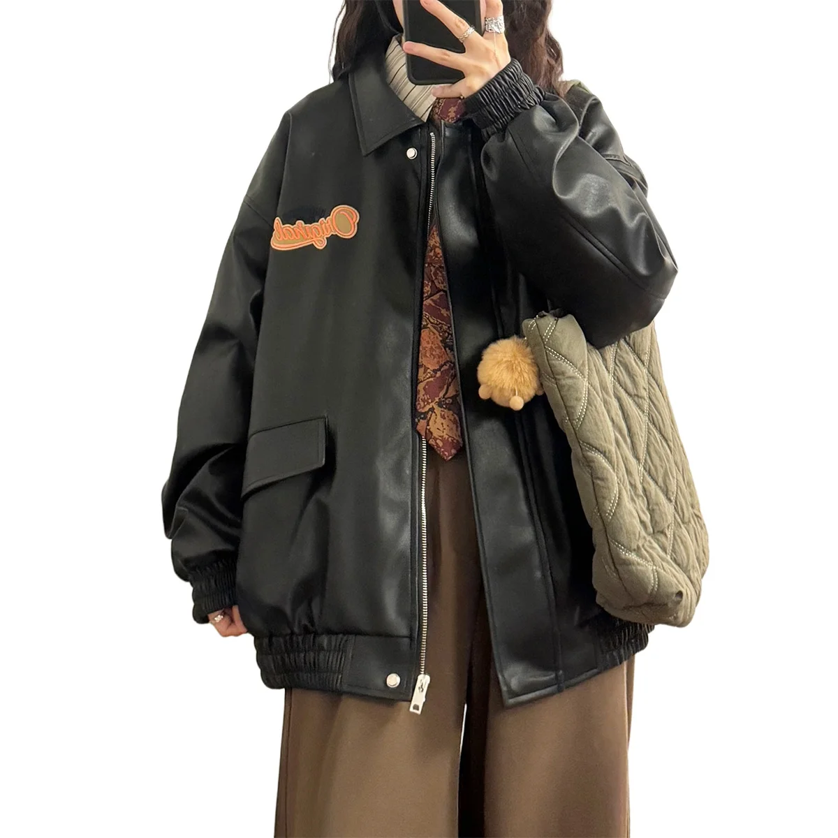 UATONLINE2025 春秋 アメリカンレトロ 刺繍入りレターPUレザー ジャケット レディース ルーズフィット ストリート スリーブロング ジージー...