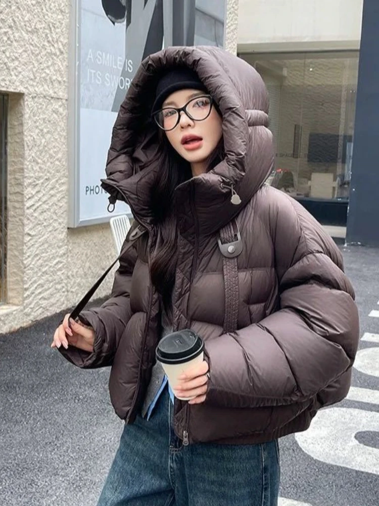 Elegante korte donsjas met capuchon, dame 2025, winterjas, Koreaanse mode, dikke warme parka's, casual losse effen witte uitloperkleding