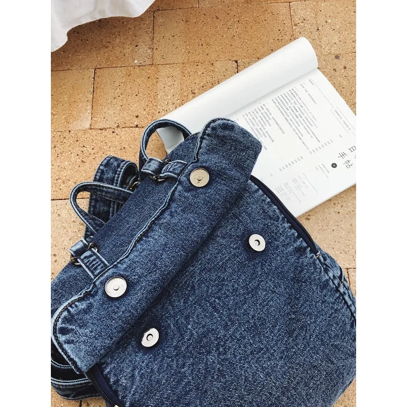 Vintage Denim Backpack For Women Casual Flap Pocket Rucksack With Belt Buckle Retro Blue Jean School Book Bag For Travel & Daily view 5