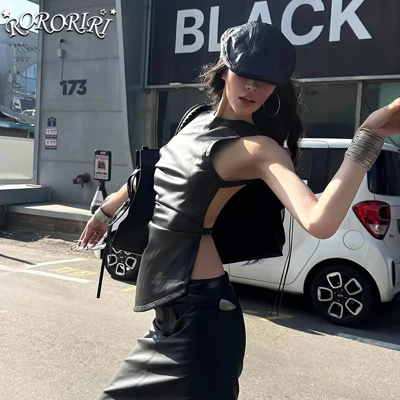 

RORORIRI Moto Punk Backless Leather Tank Top Women Summer Asymmetric Ruched Solid Black Sleeveless Vest Grunge E-girl Streetwear