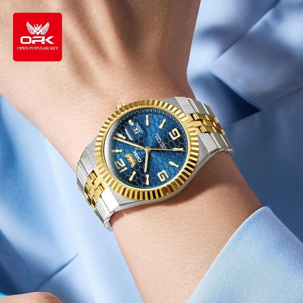 OPK Men Watches 8186 Trend Fashion Original Quartz Watch for Man Texture Threaded Bezel Waterproof Luminous Date Stainless Steel