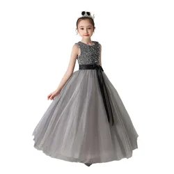 YZYmanualroom Flower Girl Dress Junior Bridesmaid Dress Sequin Tulle Wedding Pageant Gown for Birthday Party Grey 4-15T