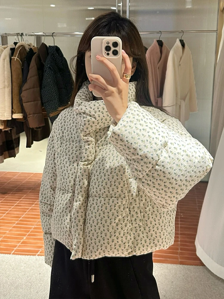 Mode frauen Daunenmantel Rollkragen Lose Zipper Flore Dicke Warme Kurze Qulited Puffer Jacke Winter 2025, Neue