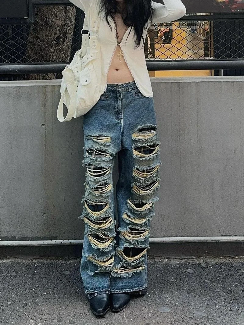 High Waist Double Layer Ripped Denim Pants Women's Long Floor-Length Punk Style Design Sensation Autumn New Arrival